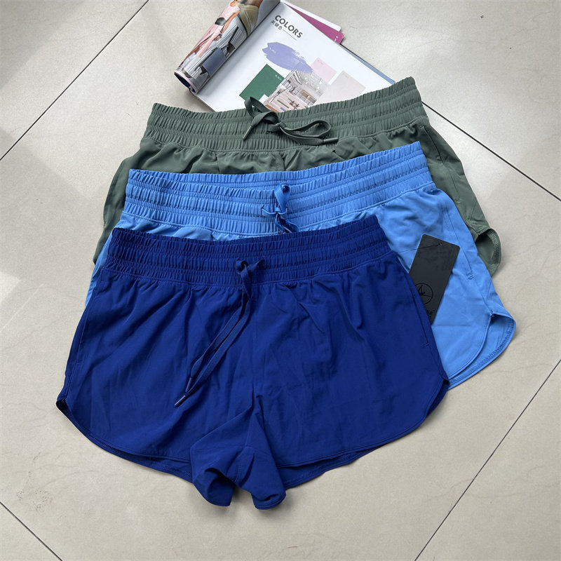 Women's running shorts triangle inner inch belt drawstring summer quick-drying three-point sports pants fake two-piece fitness outer pocket