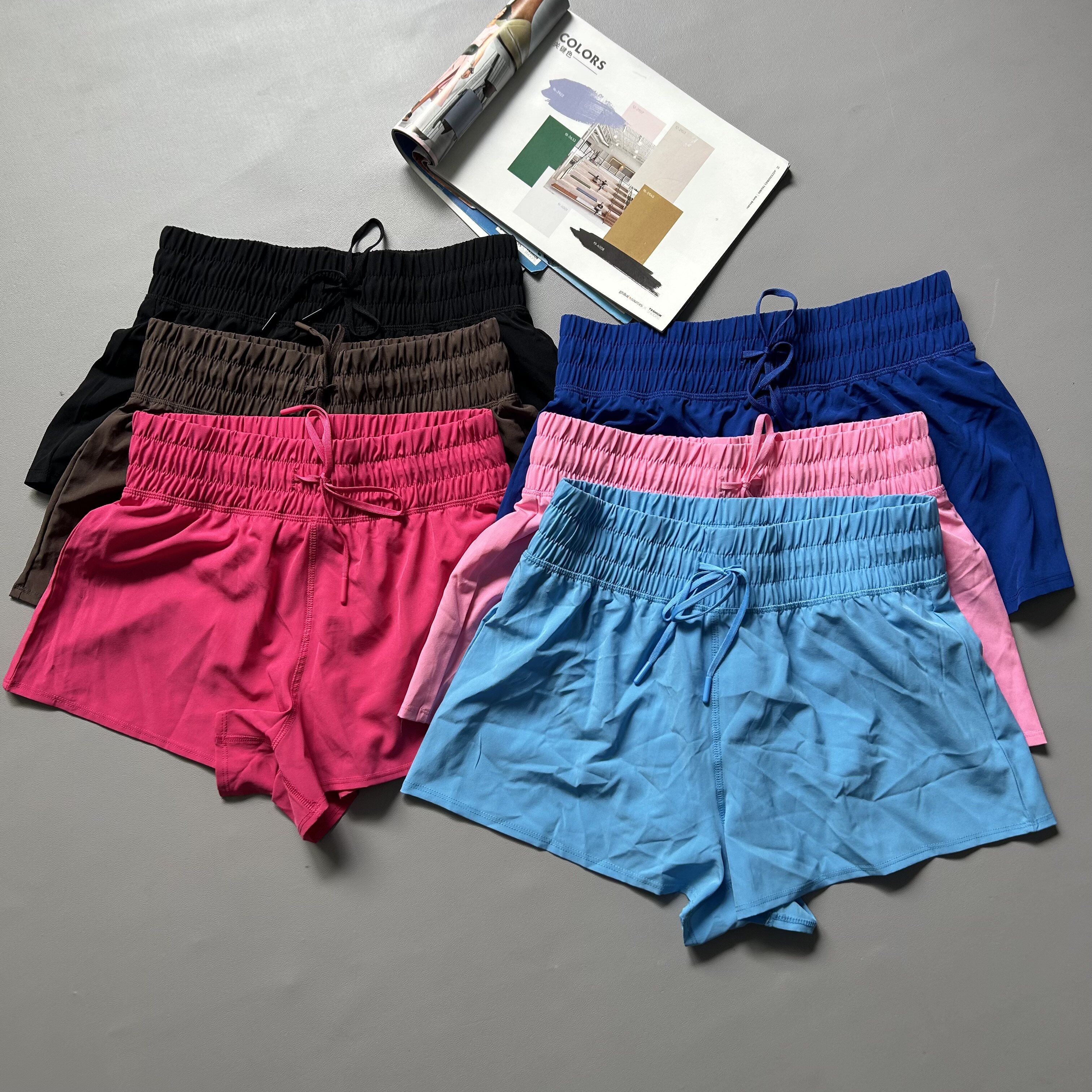 Women's running shorts triangle inner inch belt drawstring summer quick-drying three-point sports pants fake two-piece fitness outer pocket