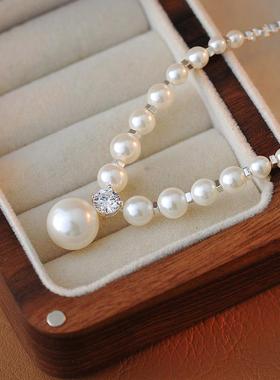 2025新款施家珍珠碎银子项链渐变高级感女项链白色法式复古圆珠锁