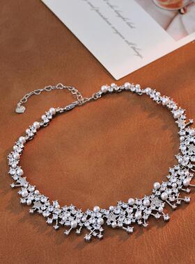 2025新款璀璨星云镶珍珠项链女欧美奢华冷淡风拼接满锆蝴蝶结颈链