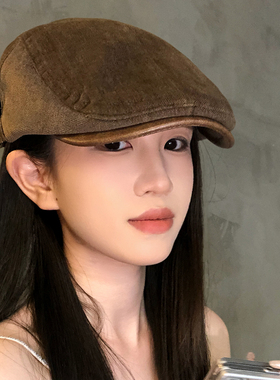 老钱风复古做旧咖色前进帽女秋季