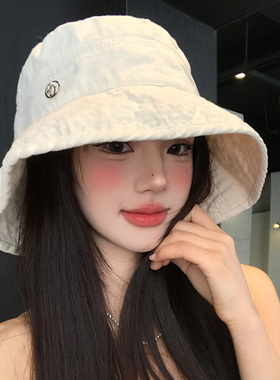日系白色渔夫帽女新款高级感防紫外线大帽檐显脸小可折叠防晒帽子