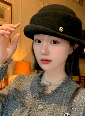 千金风高级感卷边黑色礼帽女秋冬