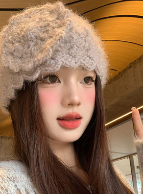 手工编织花朵针织帽子秋冬季保暖
