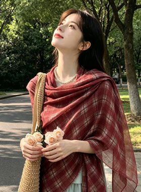 复古格纹棉麻围巾披肩女2026秋季