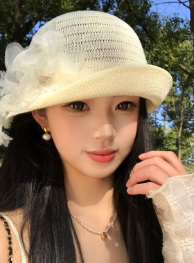 法式花朵白色卷边礼帽女春夏薄款