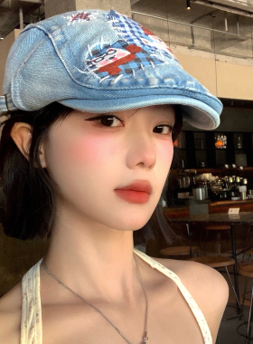 可爱卡通贴布做旧牛仔前进帽女