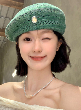 复古镂空薄荷绿贝雷帽女夏季薄款