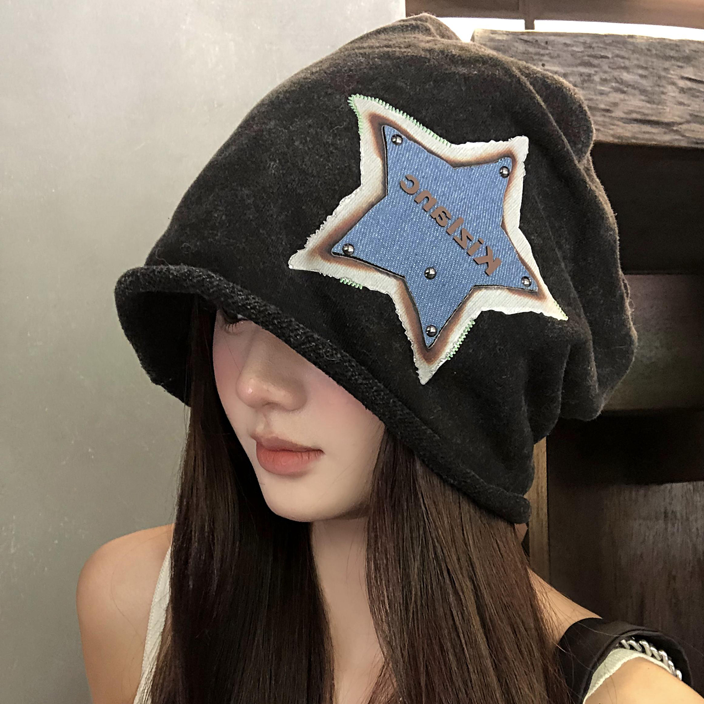 美式复古星星山系冷帽女秋冬季大头围堆堆帽显脸小月子帽包头帽子 - 图0