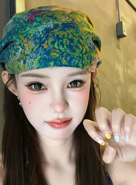 慵懒风扎染油画系带堆堆帽女韩系