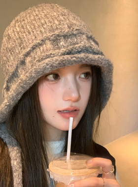灰色针织巴拉克拉法帽子女秋冬季