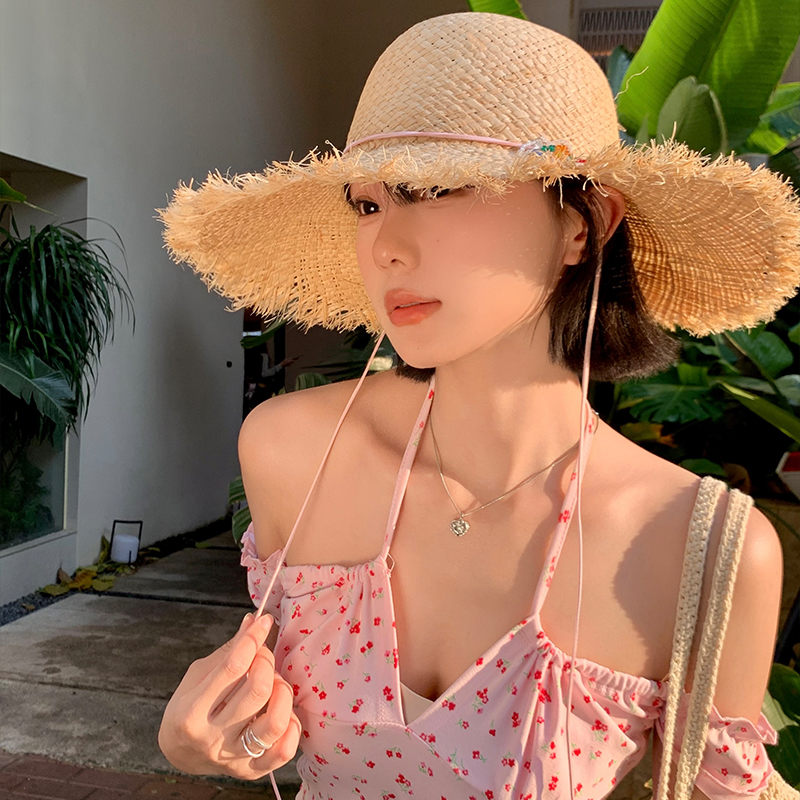 法式大帽檐编织拉菲草帽女夏季海边沙滩度假风帽子遮阳防晒太阳帽 - 图1