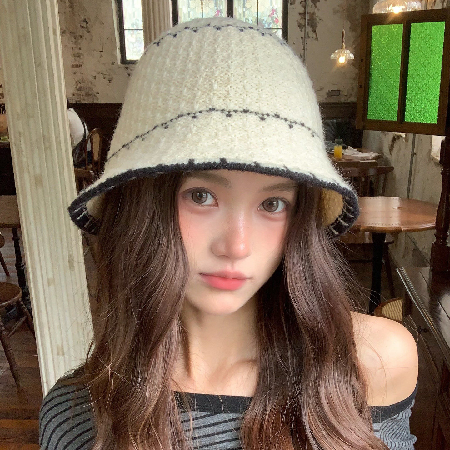 高级感条纹针织渔夫帽女冬显脸小盆帽大头围韩系休闲毛线水桶帽子,淘宝优惠券,粉丝福利购,淘宝优惠卷