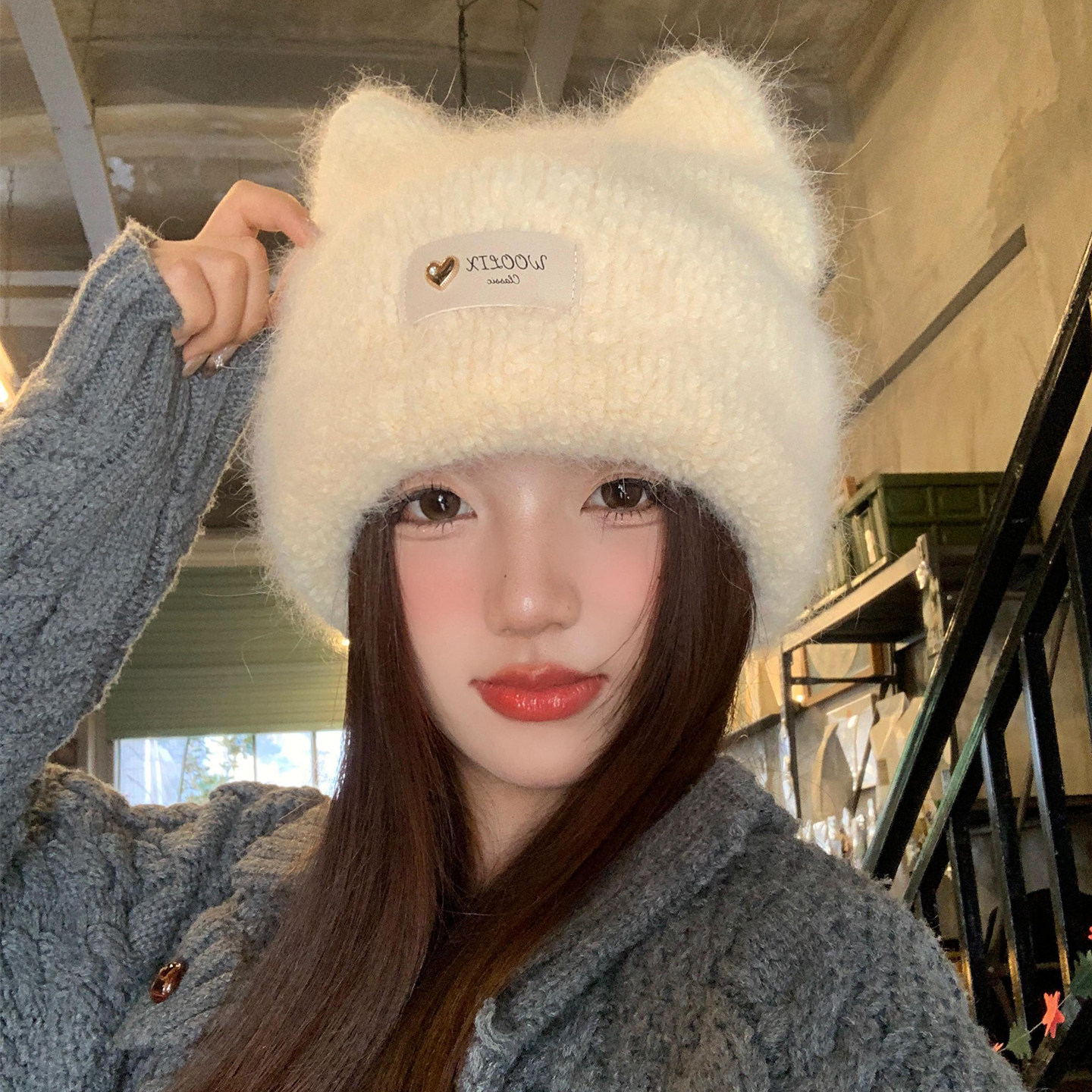 甜美可爱猫耳朵毛茸茸兔毛针织帽女秋冬季显脸小保暖护耳毛线帽子,淘宝优惠券,粉丝福利购,淘宝优惠卷