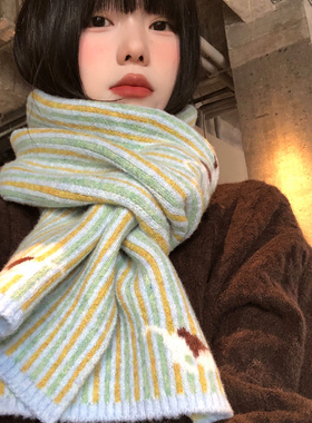 可爱猫咪条纹撞色针织围巾女冬季