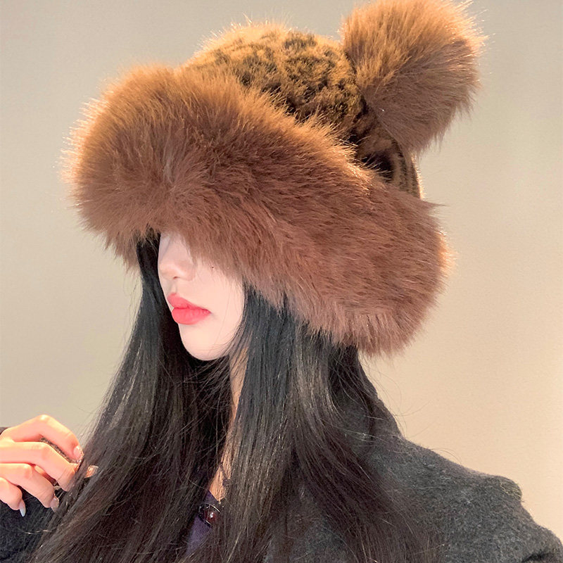 复古豹纹小熊耳朵毛绒蒙古帽女秋冬仿皮草渔夫帽子保暖护耳盆帽潮,淘宝优惠券,粉丝福利购,淘宝优惠卷