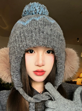 灰色复古毛绒系带针织护耳帽女冬