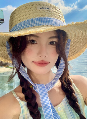 蓝色格子飘带平顶拉菲草帽女夏季