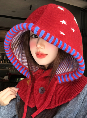 红色可爱小狗针织巴拉克拉法帽女