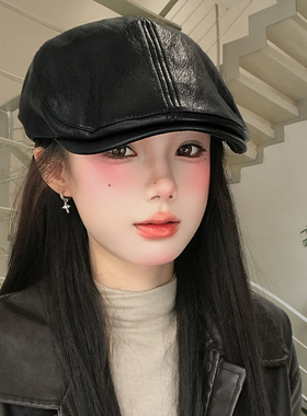 黑色褶皱皮质前进帽女秋季个性