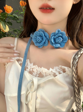 牛仔蓝色花朵颈链法式复古脖链