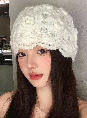 手工钩花编织镂空包头帽女秋冬