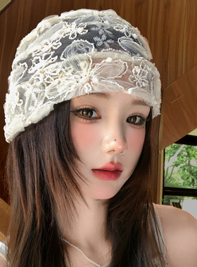 蕾丝亮片花朵镂空包头帽女士夏季