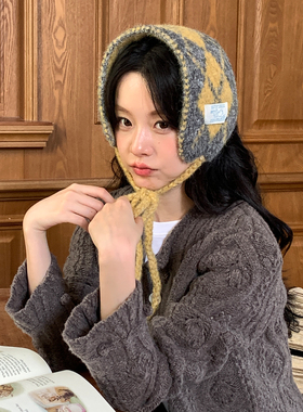 红色复古菱格绑带针织耳罩女秋冬