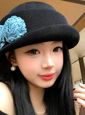 文艺优雅蓝色玫瑰花卷边礼帽女