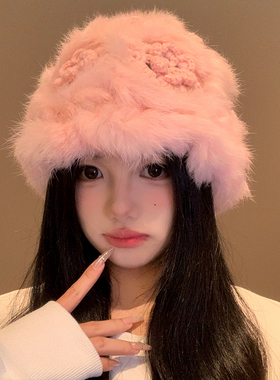 可爱粉色兔毛毛绒帽子女2026秋冬