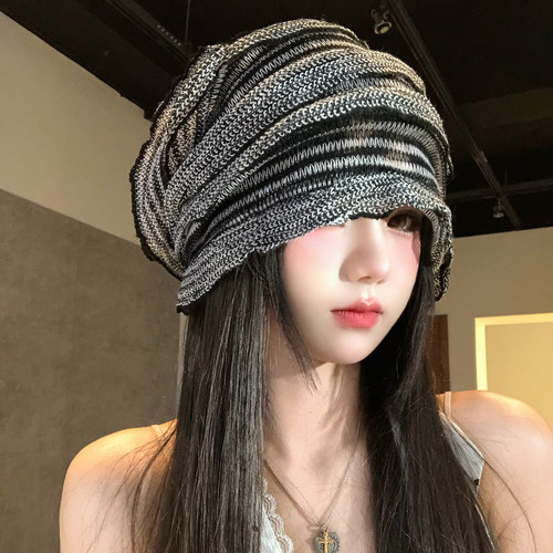 春夏条纹褶皱小众设计感套头帽女Y2K时髦冷帽堆堆帽薄款针织帽子 - 图0