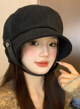 日系灯芯绒黑色渔夫帽女休闲百搭