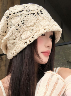 手工钩针镂空花朵堆堆帽女夏季
