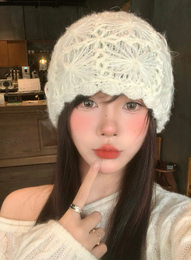 手工钩织花朵镂空包头帽女秋季