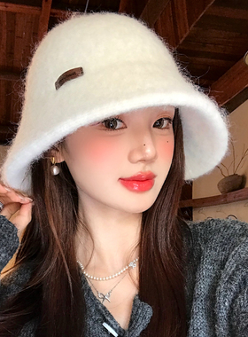 白色毛绒针织渔夫帽女秋冬季简约