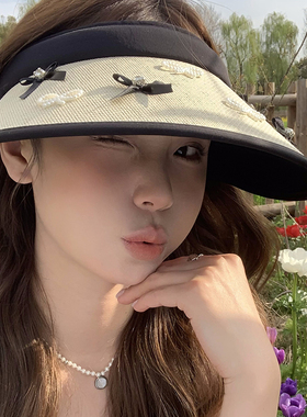 可爱蝴蝶结空顶帽子女款夏季黑胶
