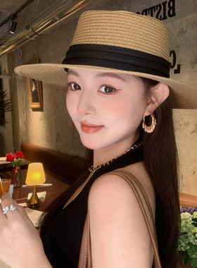 法式赫本风平顶草帽女夏季平檐