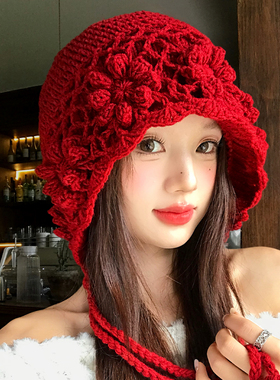 红色手工钩织花朵针织帽女川西