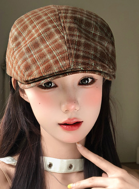 英伦风复古格纹鸭舌前进帽女早秋