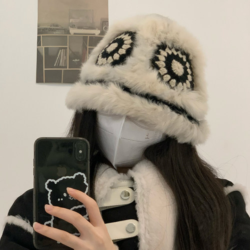 兔毛针织毛绒帽女2026秋冬季新款毛茸茸醒狮渔夫帽显脸小毛线帽子 - 图1