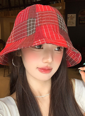日系复古格纹红色渔夫帽女春夏季