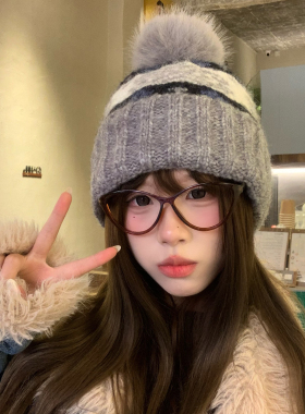 复古费尔岛毛球灰色针织毛线帽女