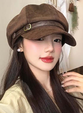 美拉德咖色复古麂皮绒贝雷帽女
