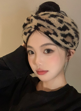 复古豹纹针织洗脸发带女秋冬季