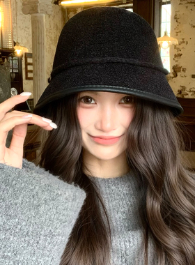 日系黑色渔夫帽女秋冬季高级感