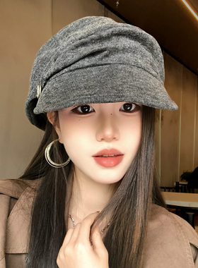 复古做旧纽扣褶皱贝雷帽女秋季