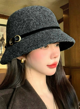 高级感灰色毛呢渔夫帽子女秋冬季