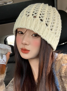 日系复古文艺镂空白色针织帽女夏