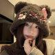 Cute bear ears cat bow plush hat for women