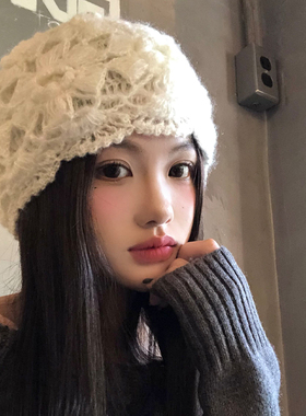 甜美手工钩织镂空白色毛线帽女冬